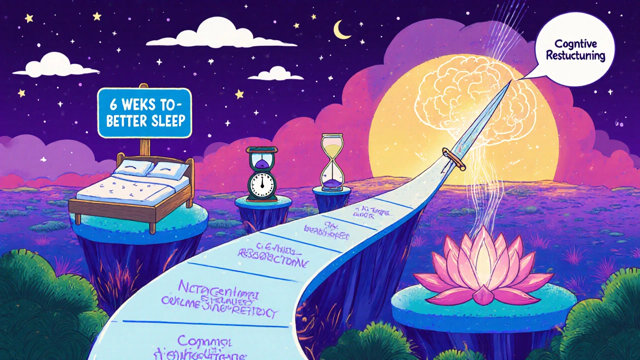 A colorful path through a surreal landscape showing the four steps of CBT-I leading to a sunrise and peaceful mind.