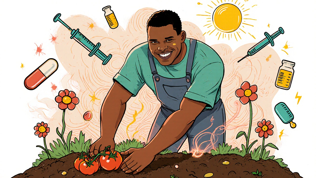 A joyful gardener planting tomatoes, with fading pain signals dissolving into flowers and sunlight.