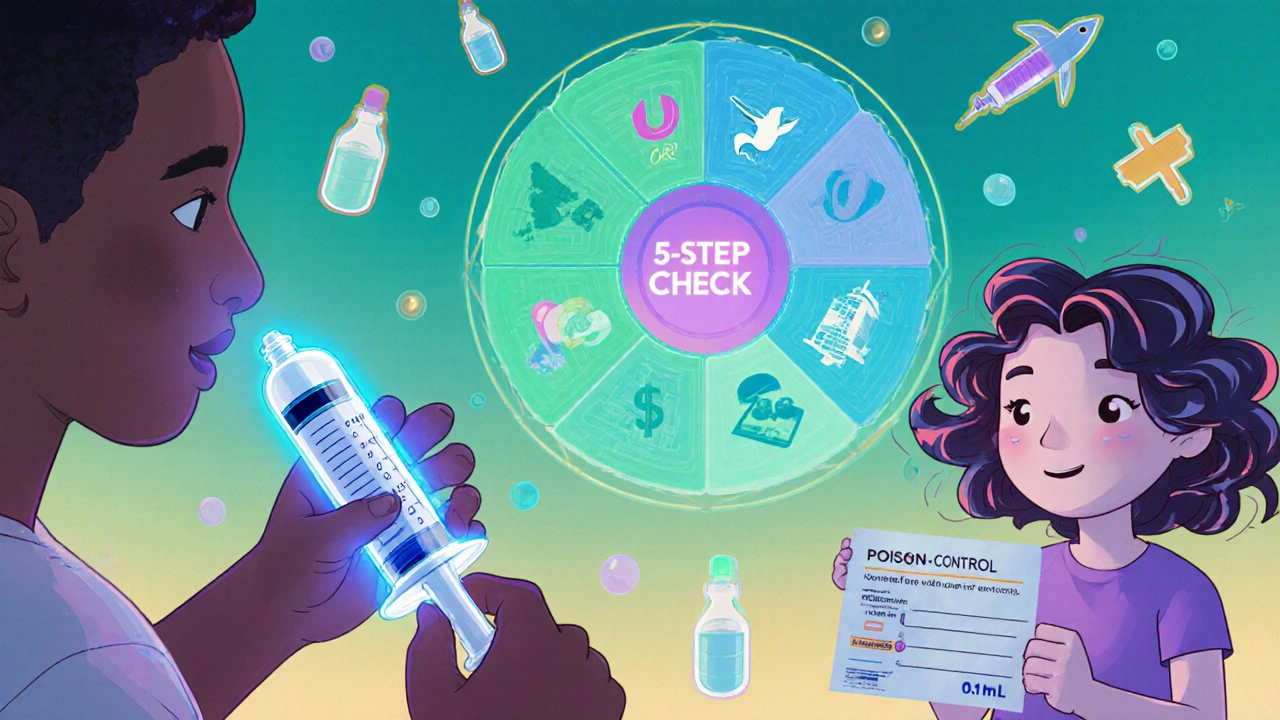 A parent using a glowing oral syringe with color-coded labels, guided by a friendly FDA mascot and a floating safety checklist.
