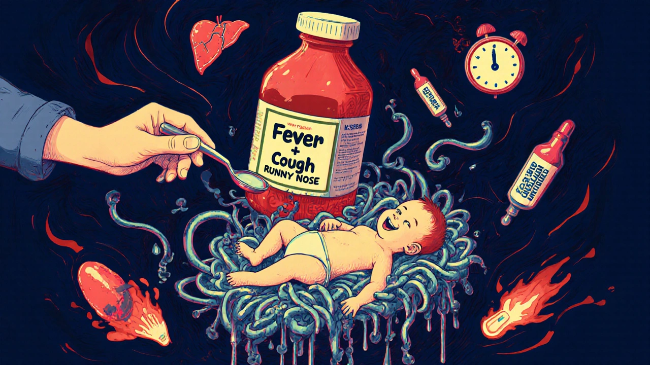 A parent using a kitchen spoon to measure medicine, surrounded by monstrous labels and floating medical danger symbols.