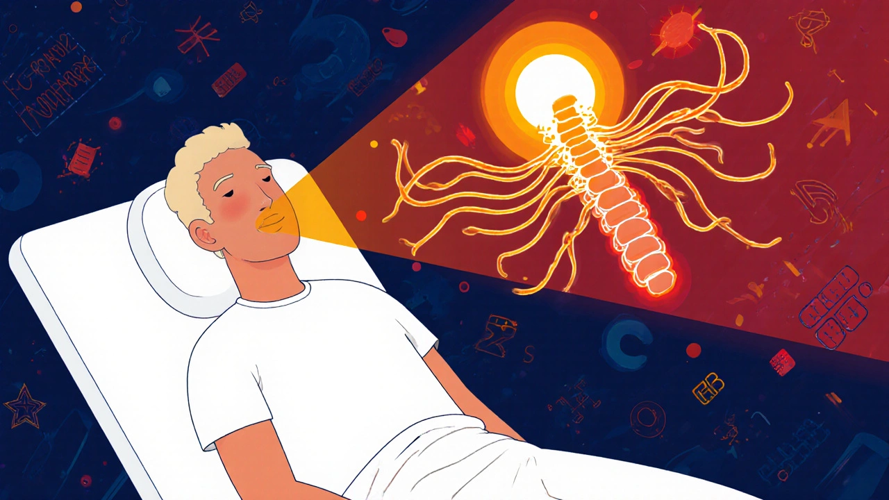 A patient calmly seated as X-ray beams highlight heated nerves in a dreamlike, psychedelic medical scene.