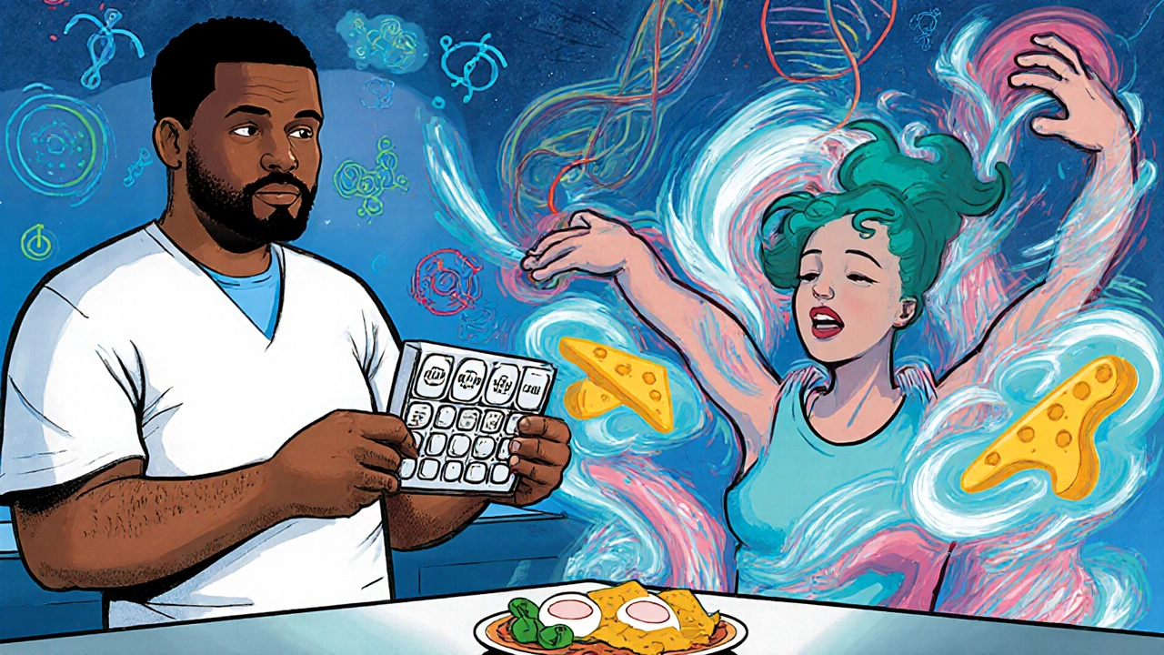 A patient managing medication beside food that blocks dopamine, with chaotic dyskinesia movements around them.