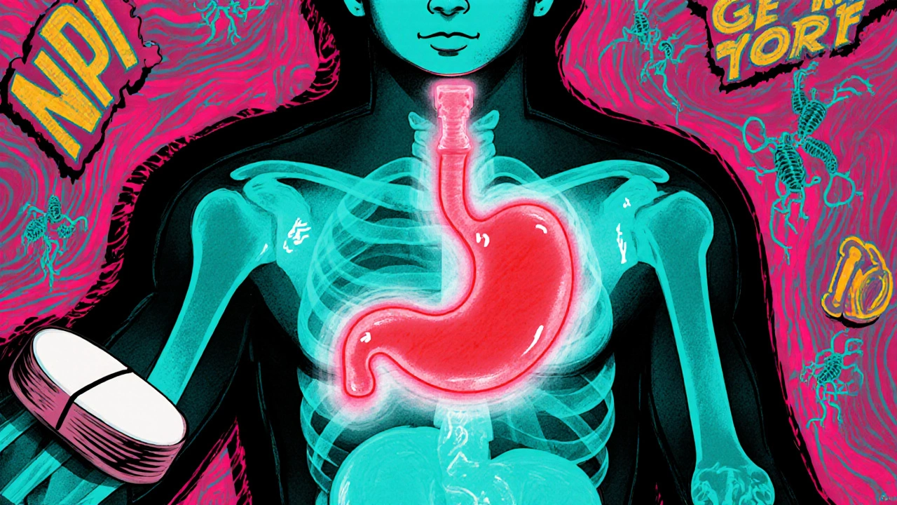 A patient with an X-ray view showing a glowing ulcer protected by a PPI pill, while harmful pills loom in the background.