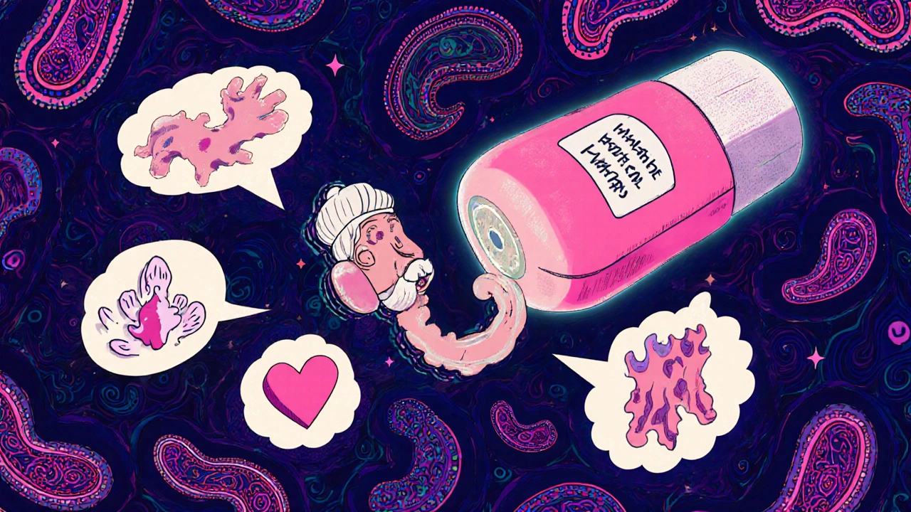 A person talking into a pill-shaped phone, with medical symptoms transforming into swirling psychedelic shapes.