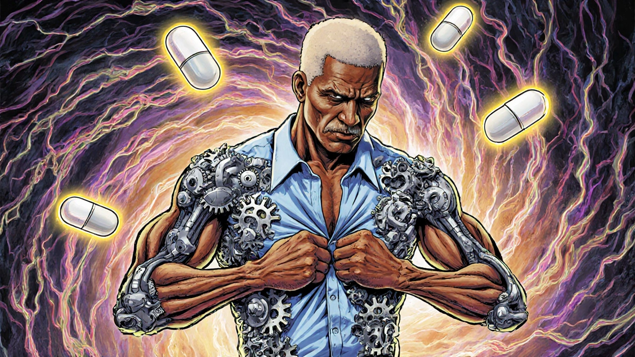 A person trapped in mechanical rigidity while levodopa pills glow nearby in a swirling psychedelic scene.