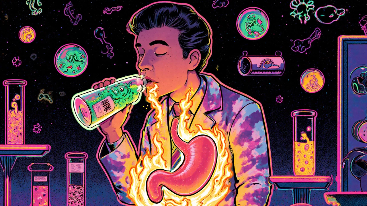 A scientist drinking a glowing H. pylori culture, his body transforming into a flaming stomach in a surreal 1980s lab scene.