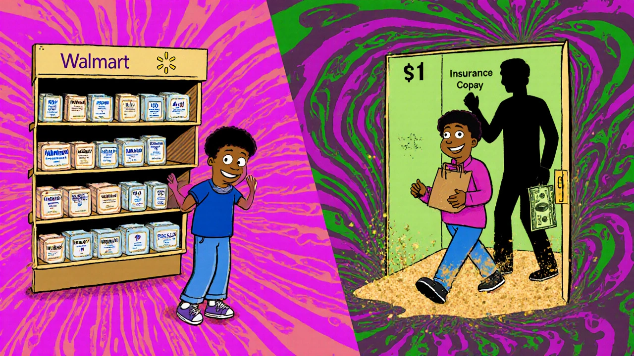 A split scene showing someone choosing a  cash pharmacy option over an insurance copay, with a shadowy figure fading away.