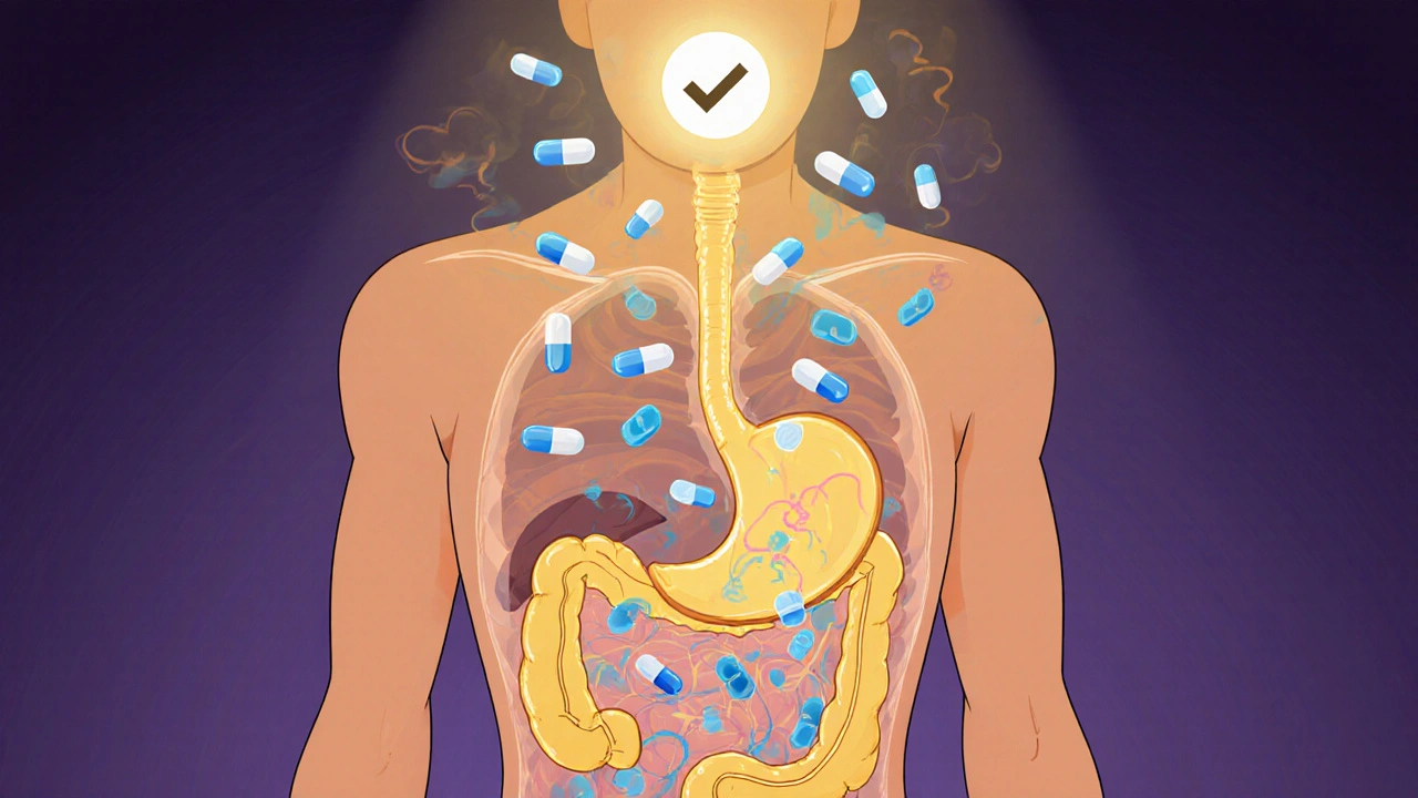 A transparent human torso with a healing stomach as antibiotics rain down, H. pylori dissolving into smoke under a glowing checkmark.