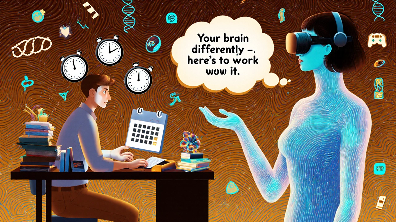 An adult using digital tools and CBT insights amid psychedelic genetic and tech patterns.