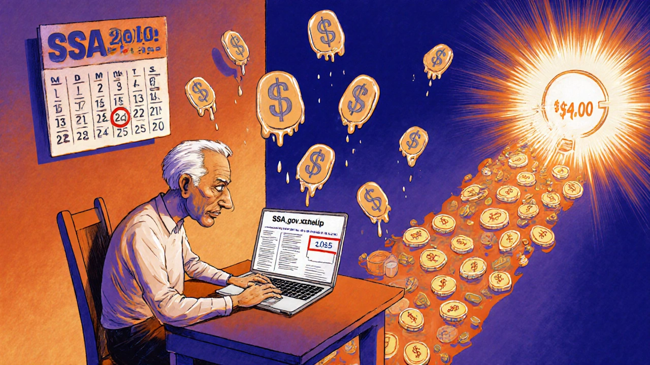 An elderly person applying for Extra Help on a laptop, with dollar signs turning into pills and a glowing Medicare card.