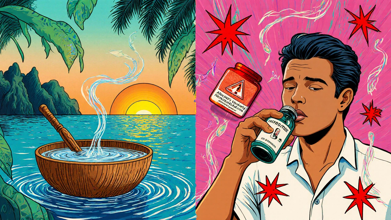 Contrasting traditional water-based kava preparation with dangerous commercial alcohol extracts in psychedelic style.