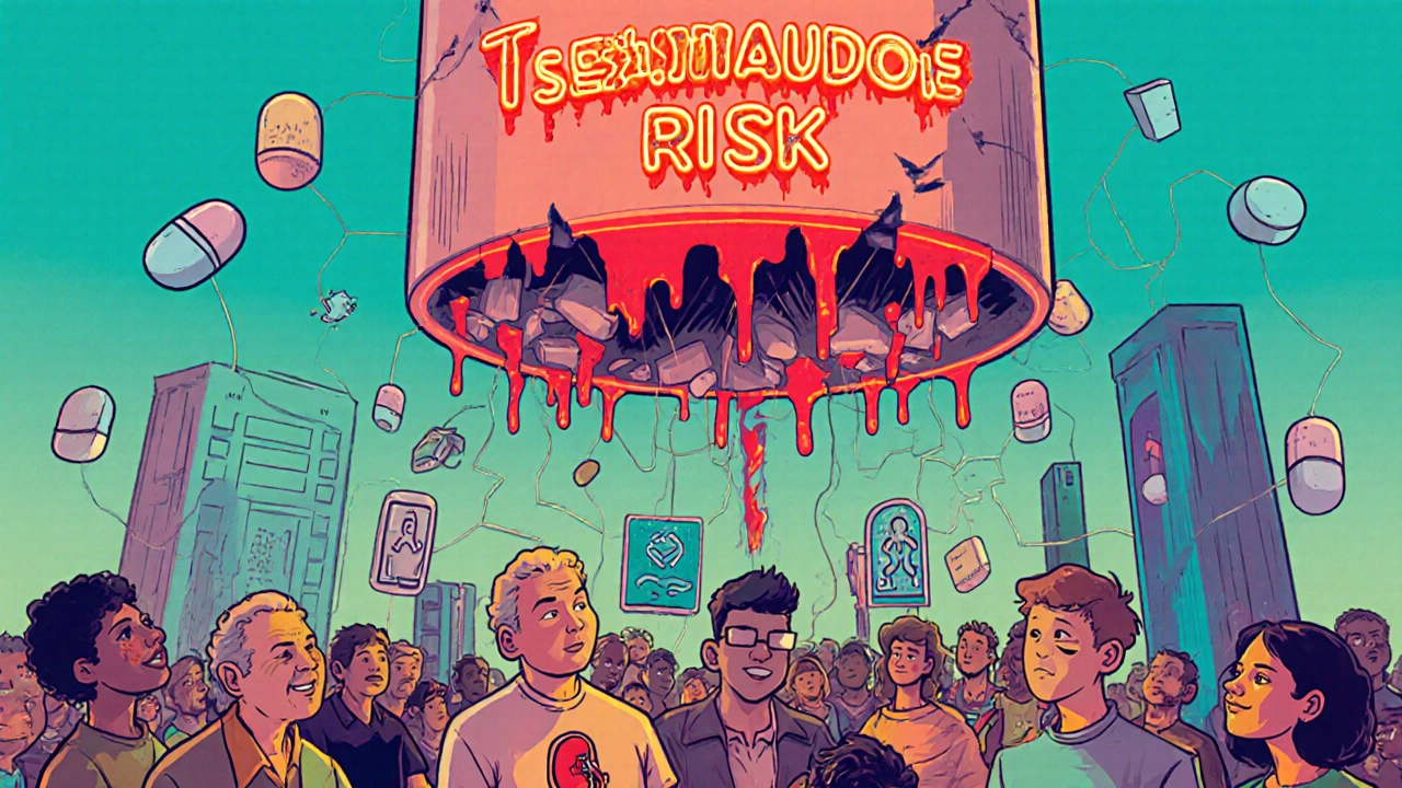 Crowd connected to crumbling tramadol pill tower with warning signs and safer alternatives below