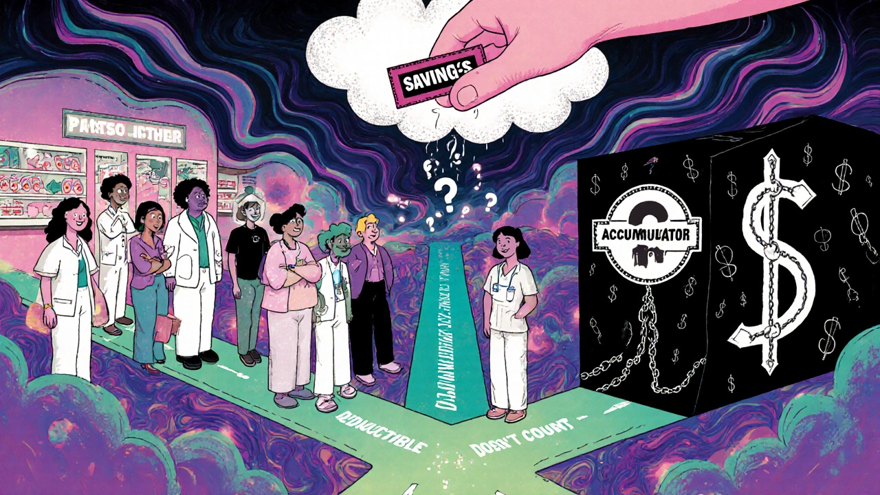 Diverse patients at a crossroads between savings and accumulator trap, with floating coupons and chained dollar signs.