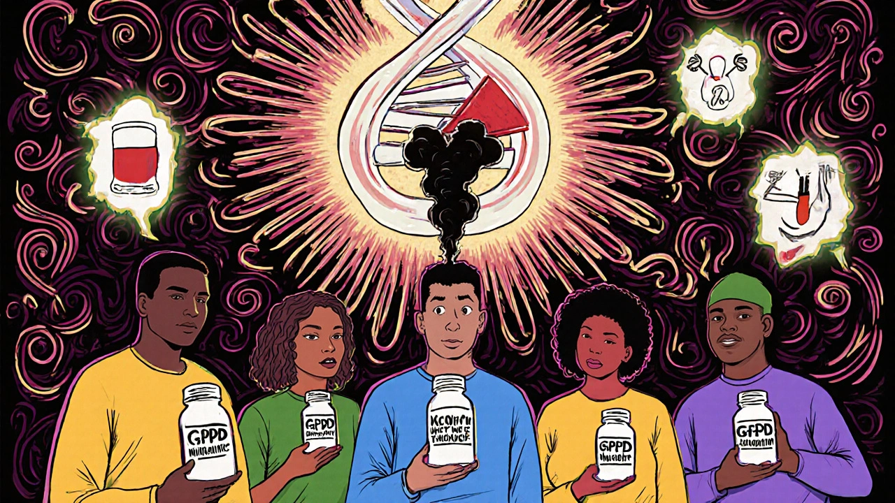 Diverse people holding nitrofurantoin pills as dark smoke rises, with a broken DNA strand above them.