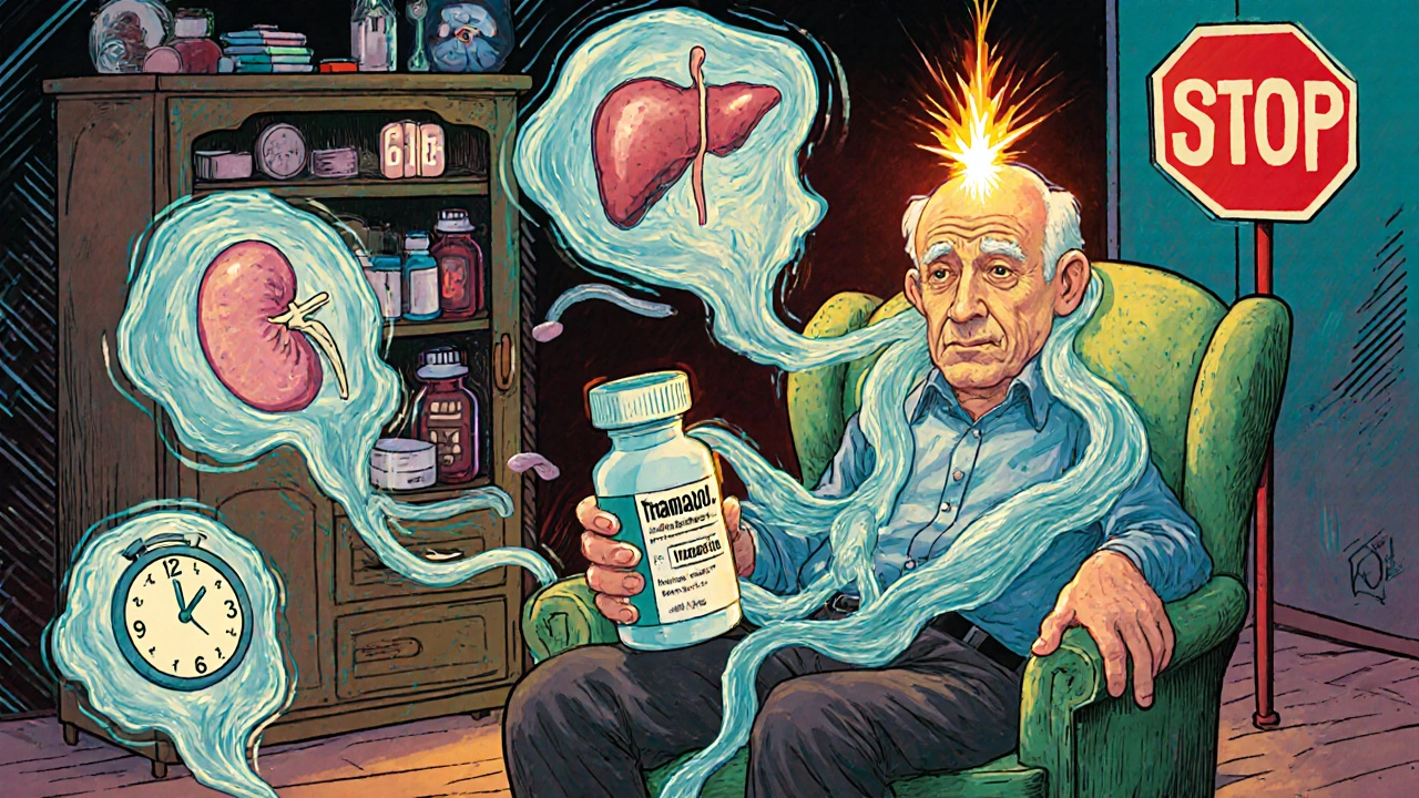 Elderly man with floating antidepressants triggering a seizure spark near his temple