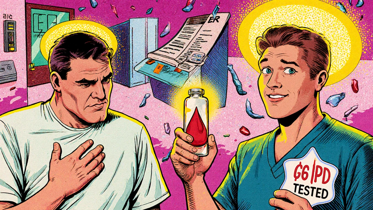 ER scene contrasting costly hospitalization with a simple G6PD test, rendered in swirling psychedelic colors.