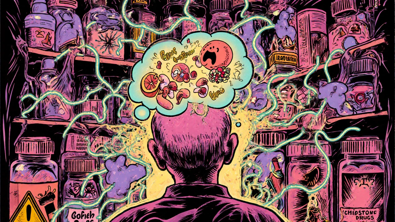 Medicine cabinet with connected warning lines leading to a person overwhelmed by drug interactions.