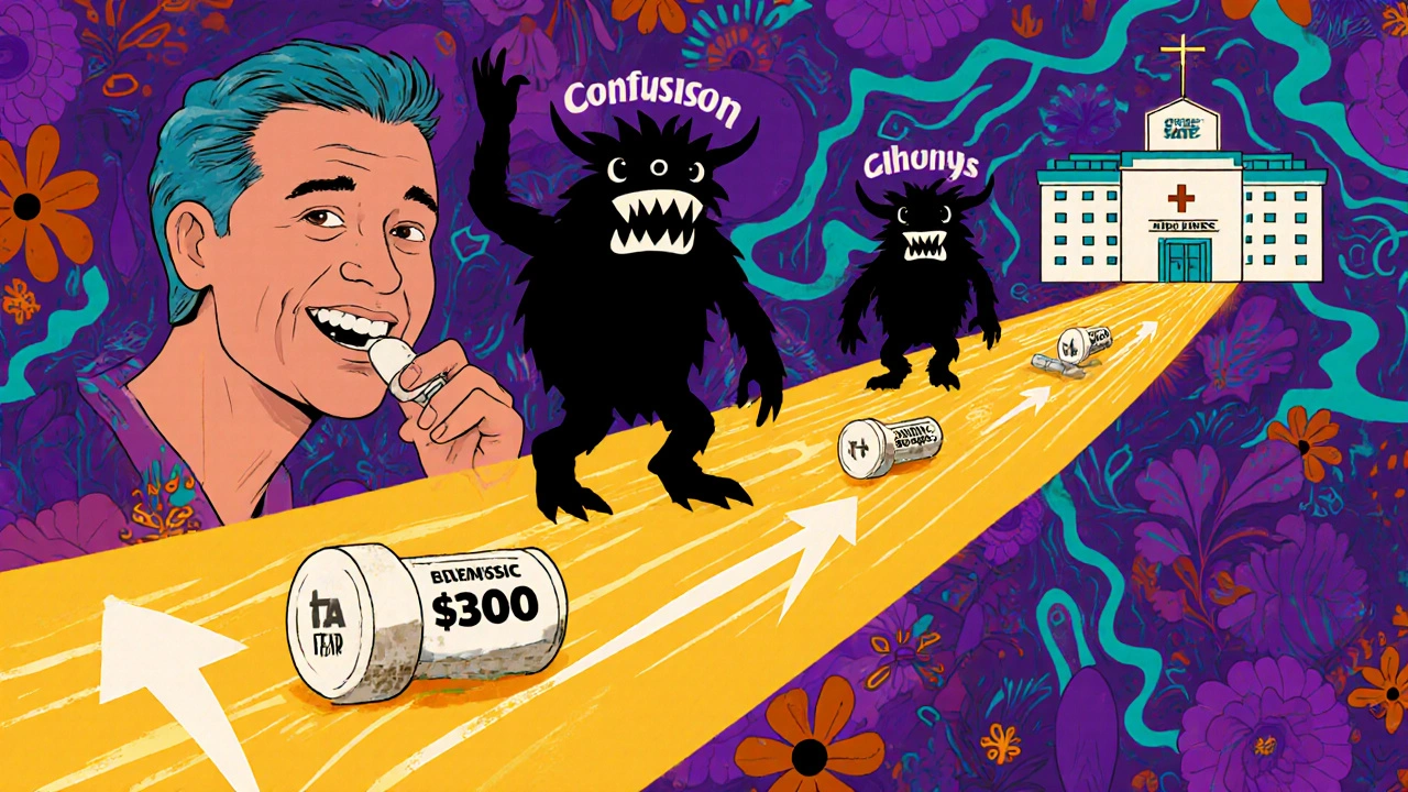 Patient swallowing generic pill with golden path of savings and FDA ratings leading to hospital, doubt monsters fading away in psychedelic background.