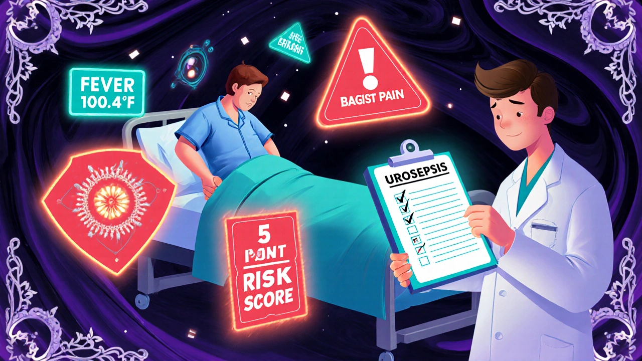 Patient with warning signs floating around them, doctor holding risk score checklist in vibrant psychedelic style.