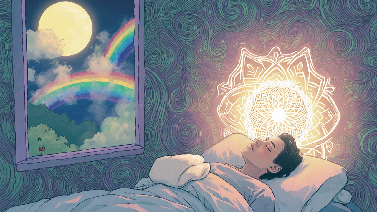 Peaceful bedroom with HEPA filter mandala and floating cold compress over closed eyes.