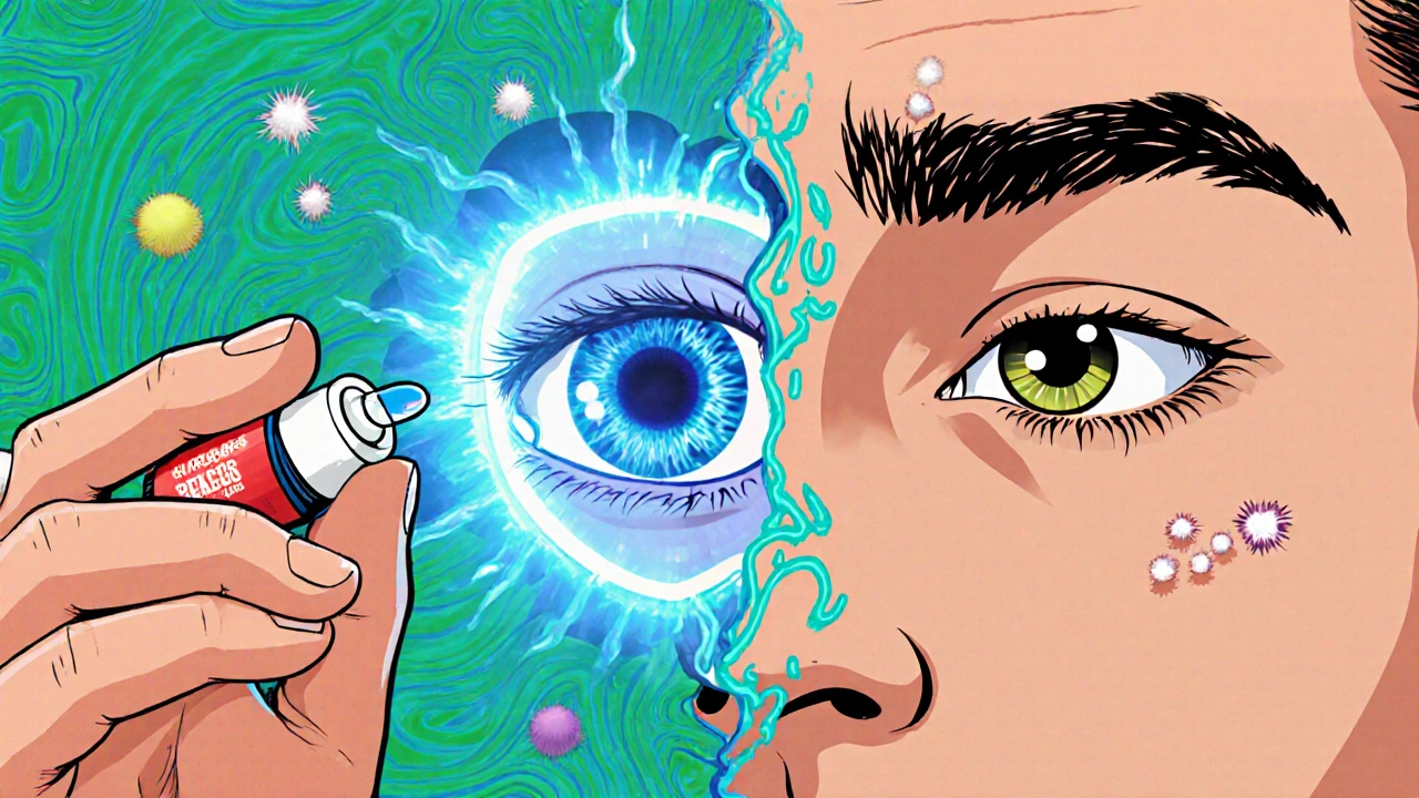 Person applying eye drop as energy repels allergens, with before-and-after eyes in mirror.