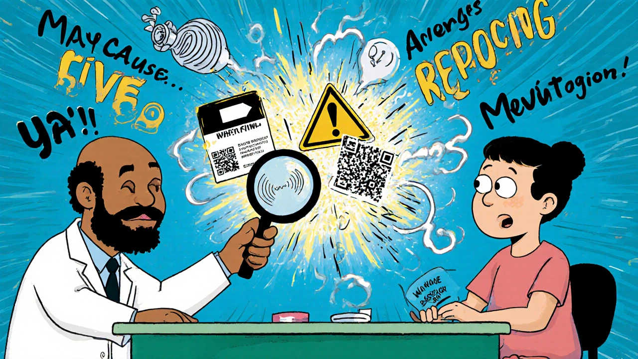 Pharmacist and patient examining a label that transforms into cosmic warning symbols.
