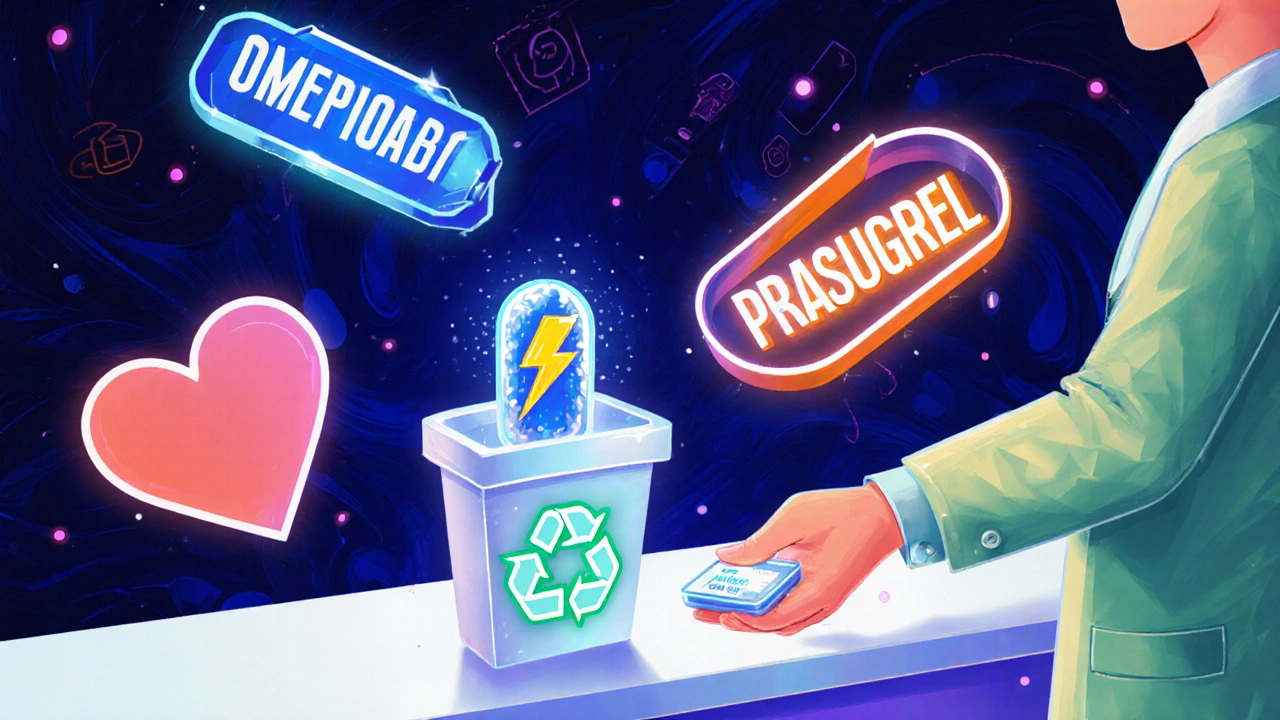 Pharmacist replacing harmful PPIs with new vonoprazan capsule and next-gen antiplatelet drugs, glowing in neon colors.