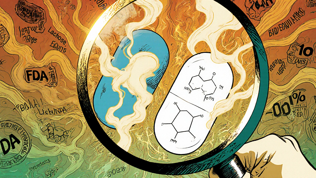 Pharmacist using magnifying glass to show identical active ingredients in two differently shaped pills, surrounded by swirling inactive ingredient patterns.