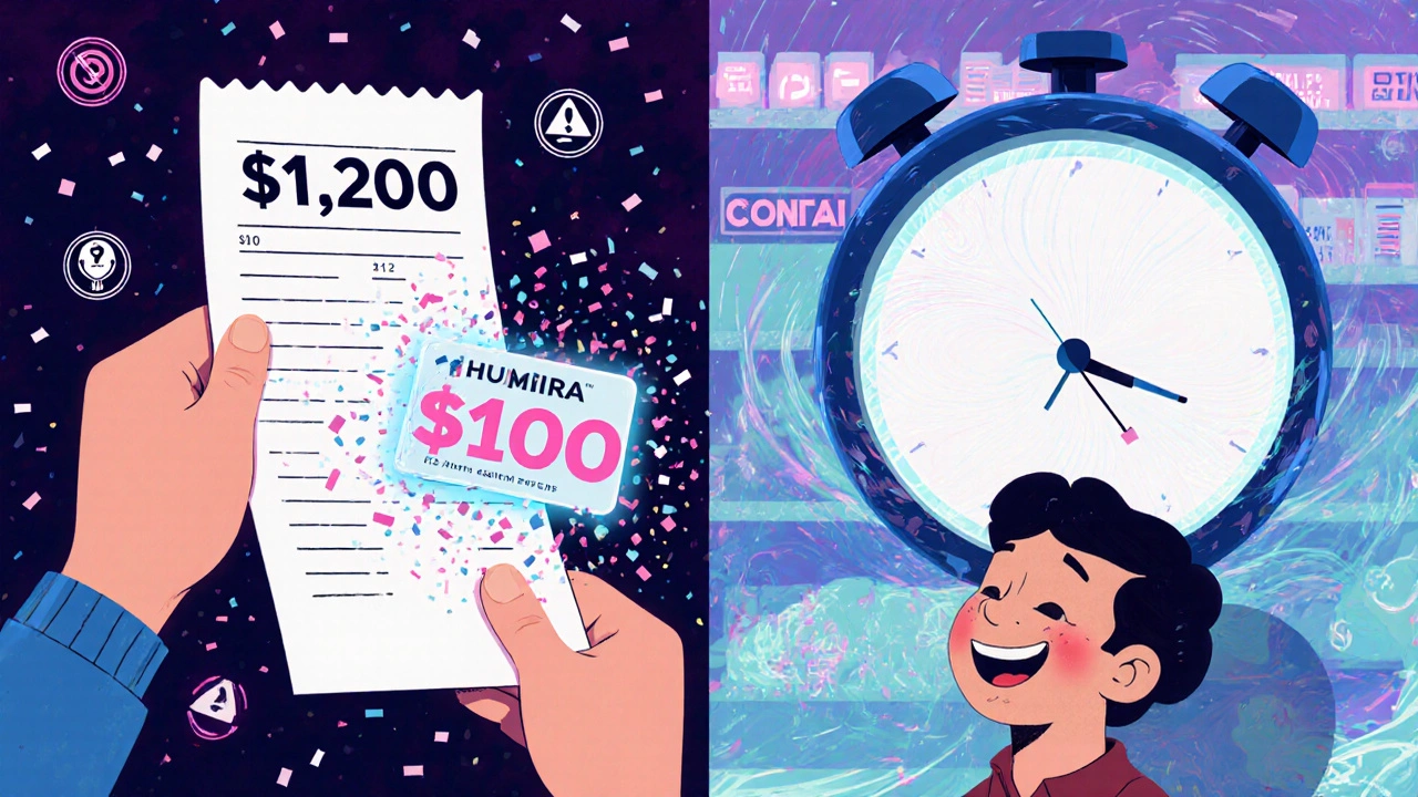 Split image showing a high prescription bill transforming into a low copay with a glowing savings card and expiry clock.