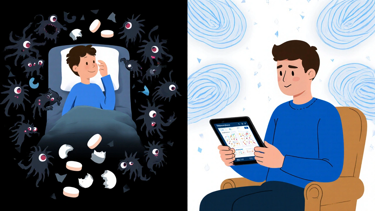 Split scene: one side shows a person taking a sleeping pill surrounded by darkness, the other shows them using a CBT-I app with calming patterns.