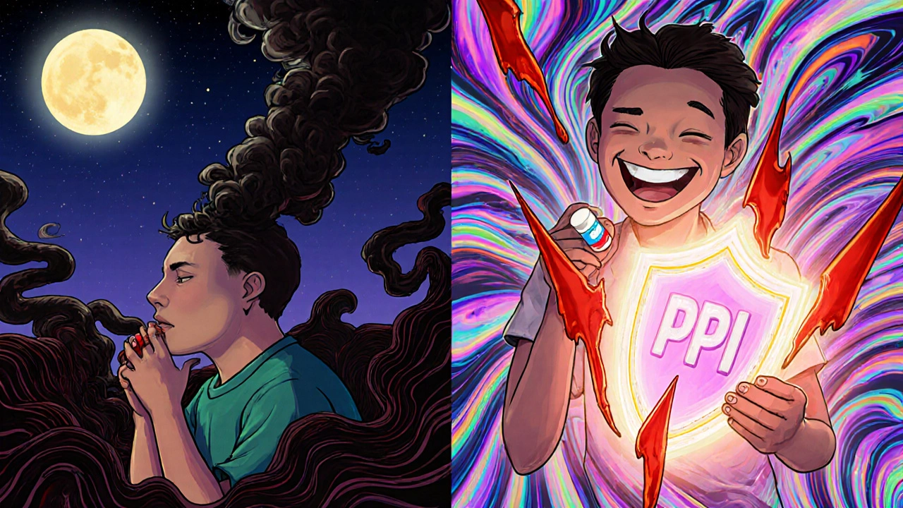 Split scene: one side shows bleeding symptoms, the other shows a patient protected by a PPI shield, rendered in psychedelic style.