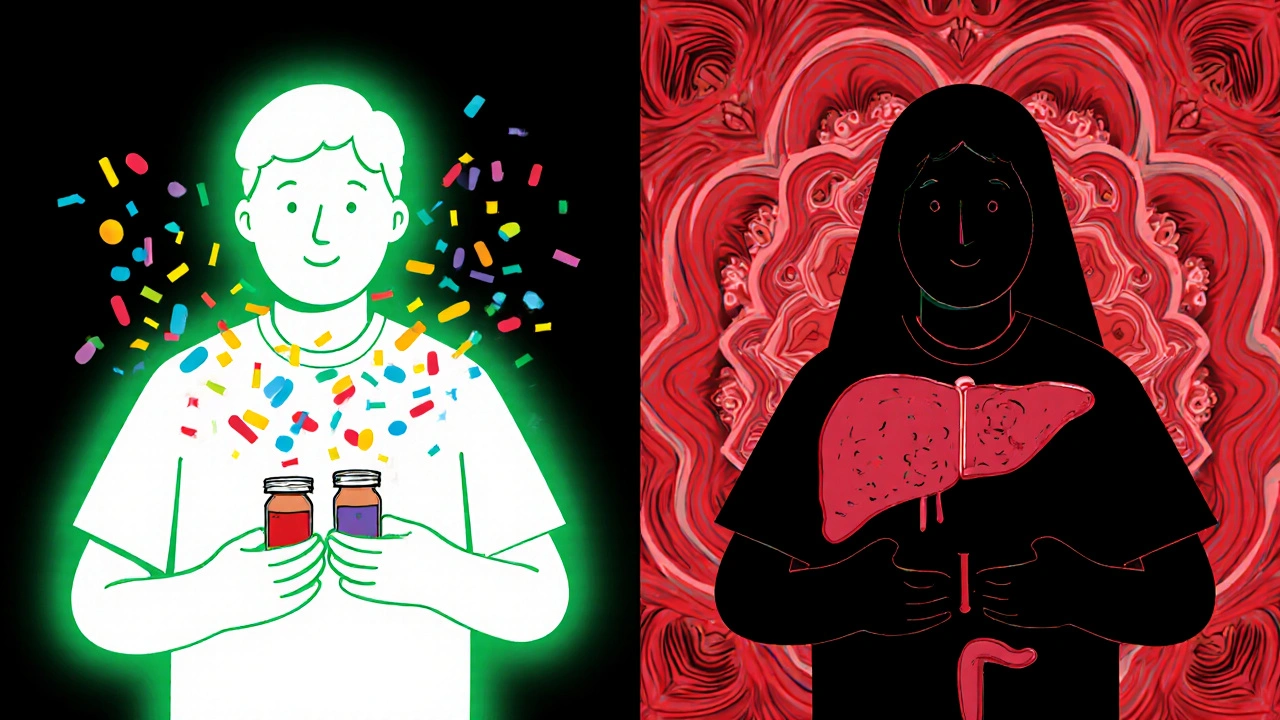 Split scene showing safe PPIs allowing healthy platelets versus dangerous PPIs causing clotting, in vibrant psychedelic style.
