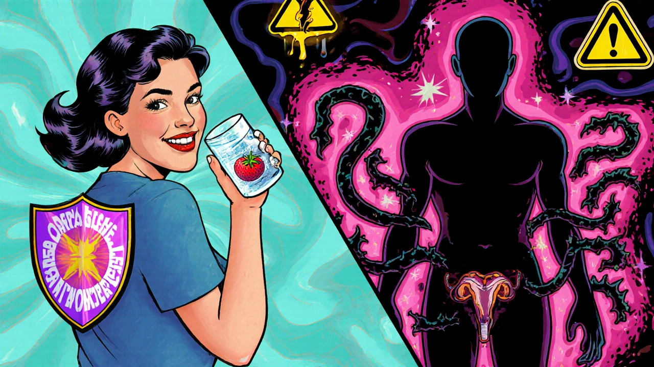 Woman practicing hygiene with cranberry water vs. menacing Fournier&#039;s gangrene shadow in psychedelic illustration.