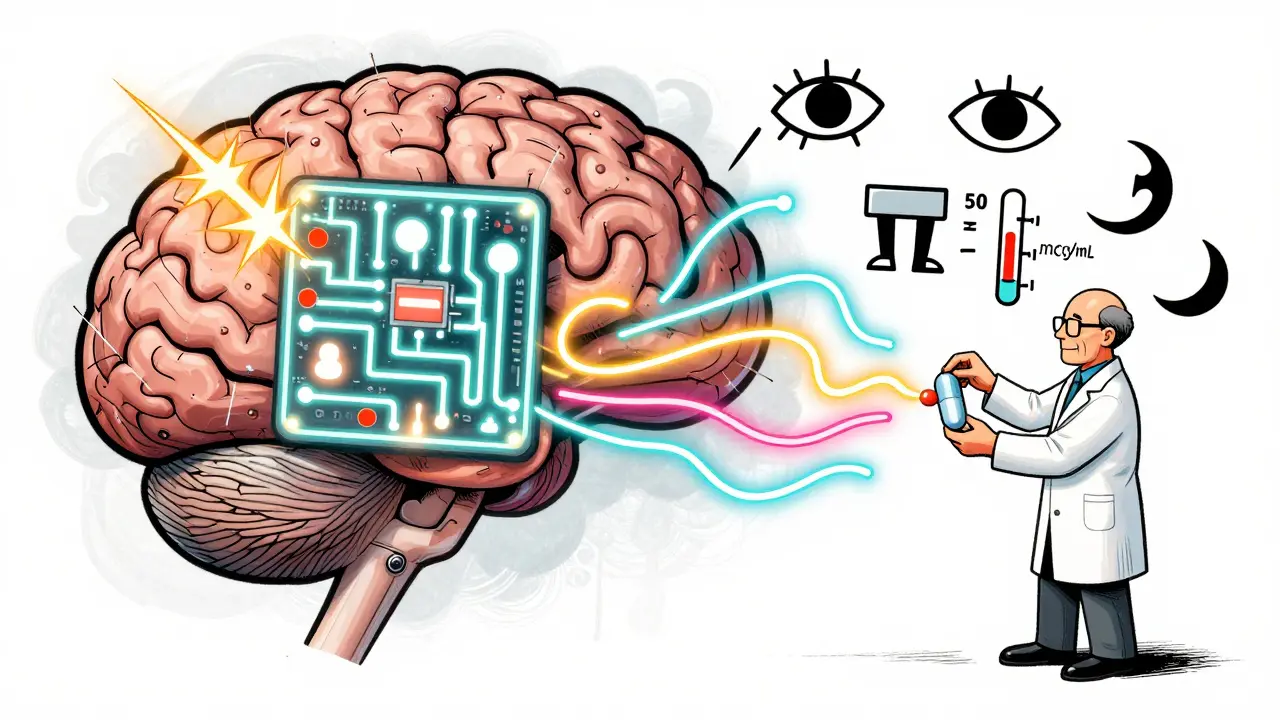 A brain circuit board sparking with seizures as a pharmacist swaps phenytoin tablets, triggering unstable neon blood level waves.