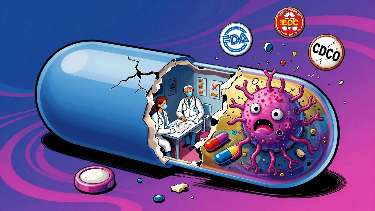 A cracked combination pill splitting open to show medical order on one side and resistant bacteria on the other.