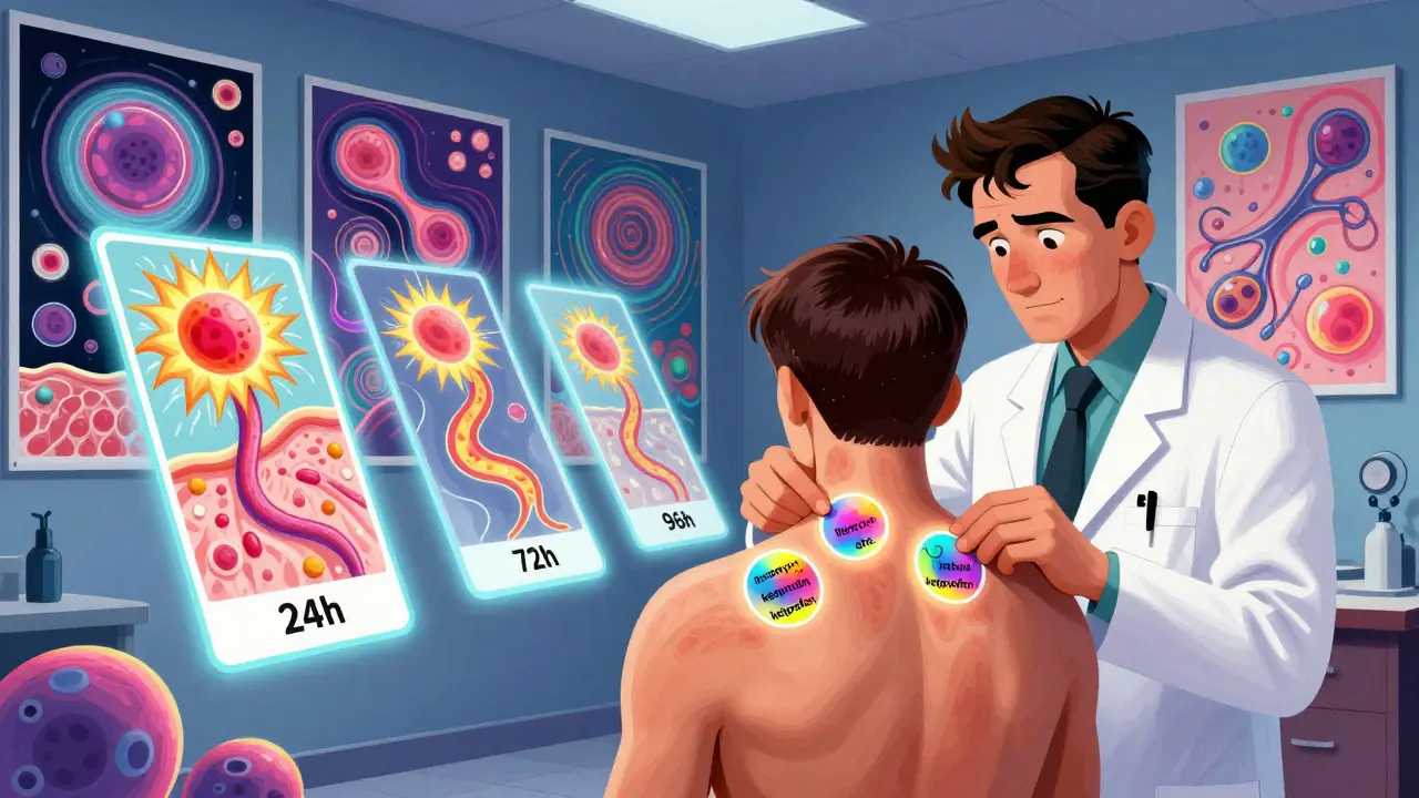A dermatologist removes patch test stickers as glowing timelines show delayed rash reactions.