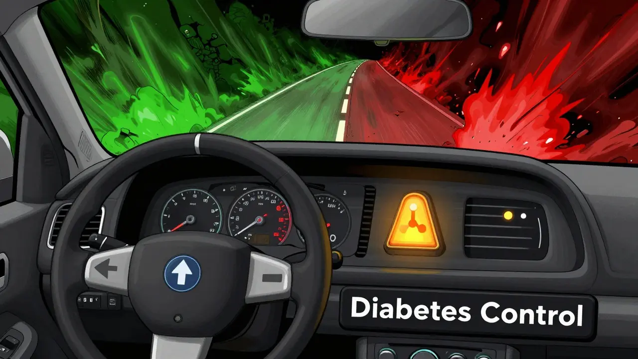 A diabetes control dashboard with trend arrow steering wheel and ketone warning light, guiding safe glucose levels.