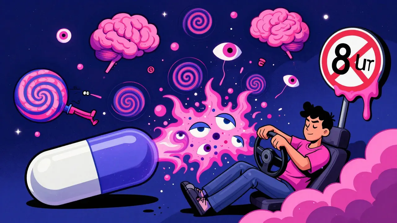 A ditan capsule exploding into swirling dizziness and sedation symbols, with a slumped figure near a melting no-driving sign.