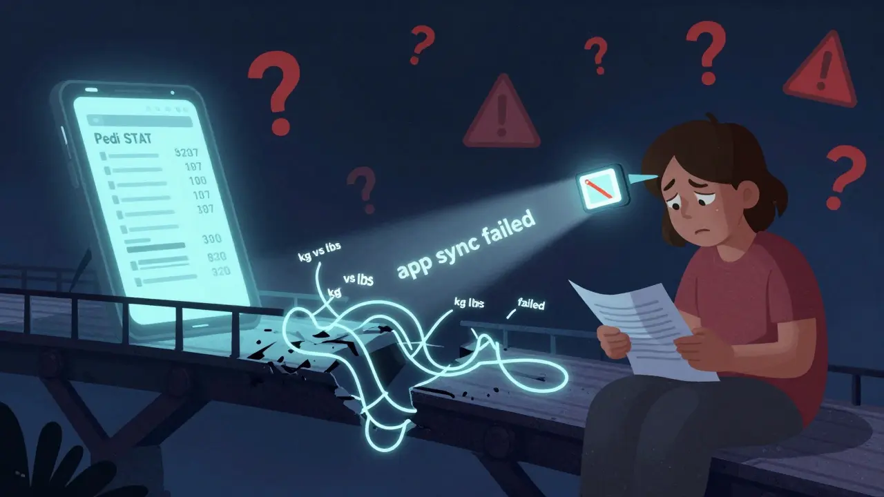 A fractured bridge symbolizing the disconnect between hospital medication data and home care with floating warning symbols.