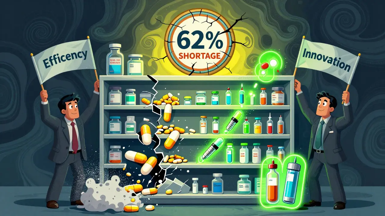 A fractured pharmacy shelf shows collapsing simple generics beside glowing complex drugs, with shortage warnings flashing above.