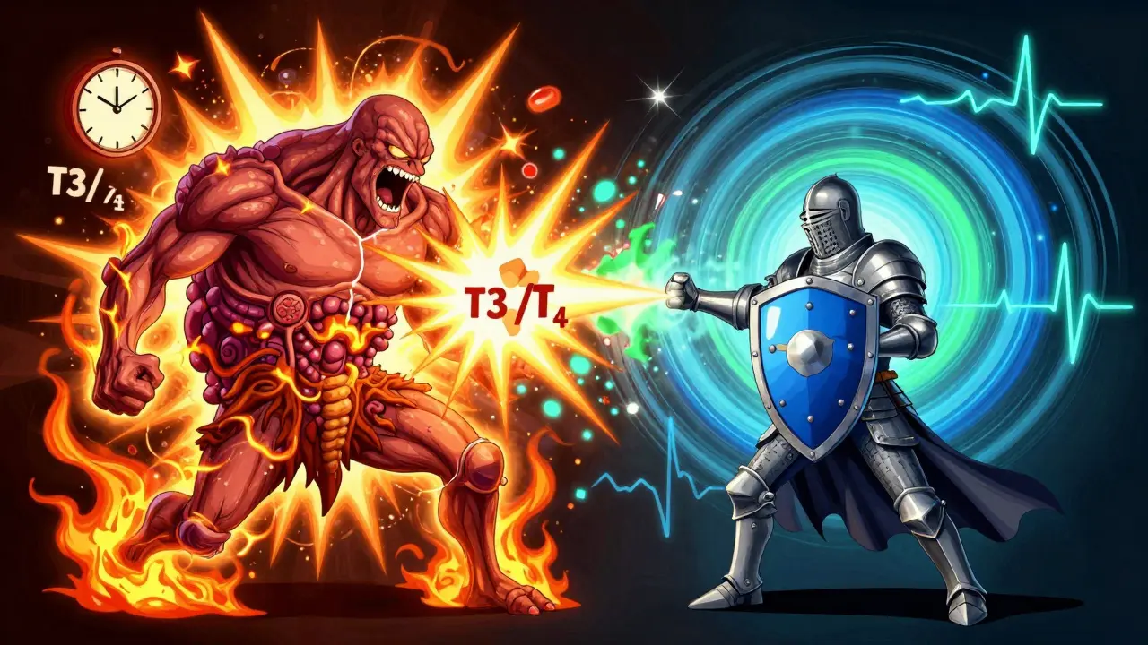 A heroic propranolol knight blocks chaotic thyroid energy with a beta-receptor shield in vibrant psychedelic illustration.