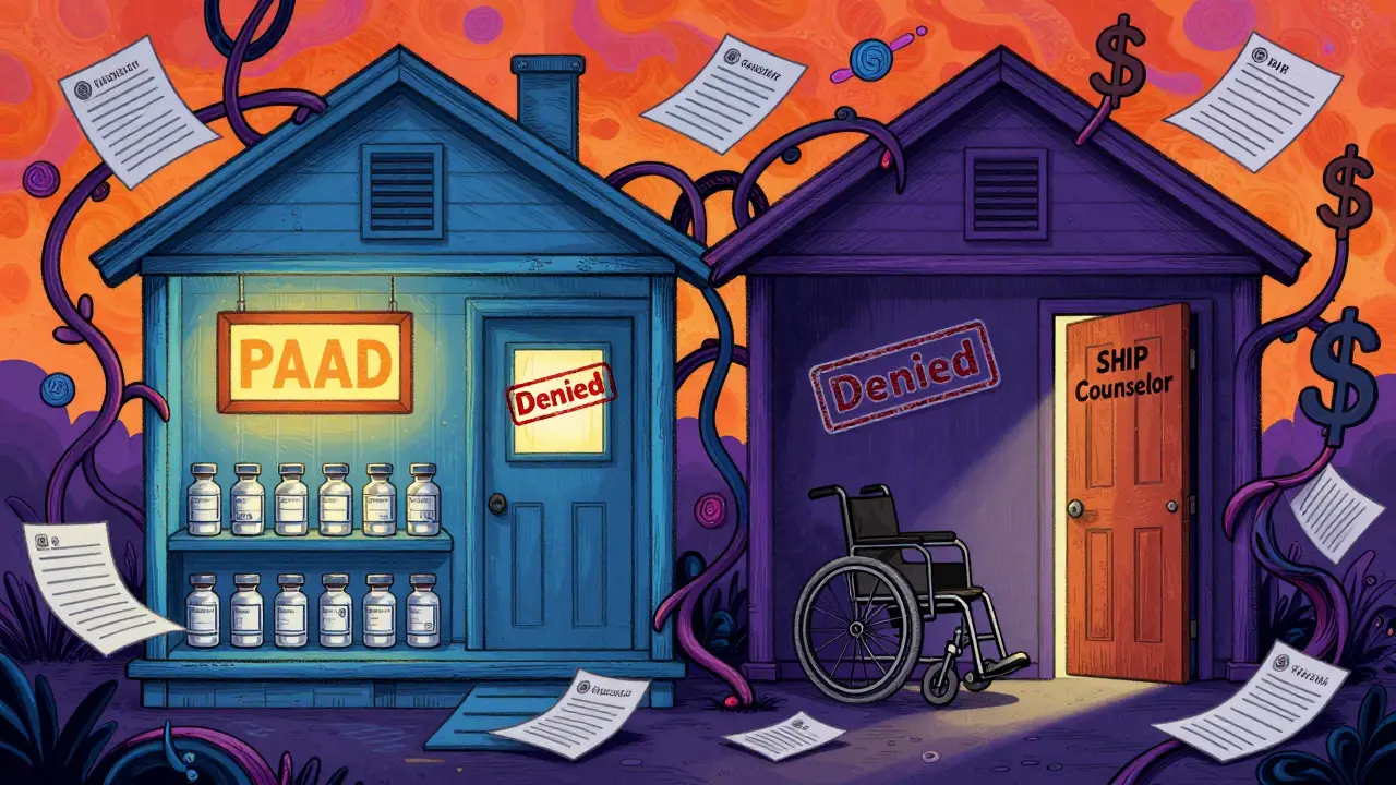 A house split between medicine access and denial, with a lighted door labeled 'SHIP Counselor'.