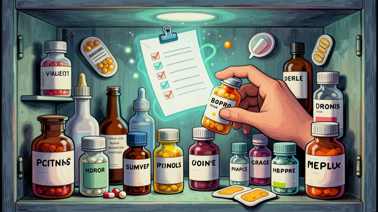 A medicine cabinet overflows with labeled bottles and patches in swirling, vibrant illustration style.