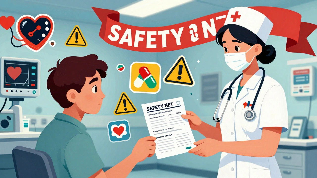 A patient gives a medication list to a nurse in an ER, surrounded by floating health symbols.