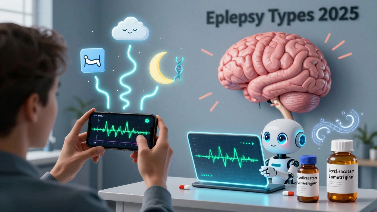 A patient recording a seizure with floating trigger icons and an AI analyzing video, surrounded by medication labels in swirling art style.