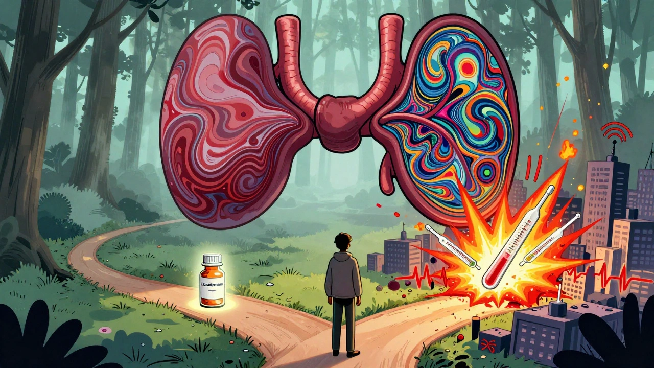 A person at a crossroads with calm forest path for hypothyroidism and chaotic city for hyperthyroidism, thyroid gland splitting above.