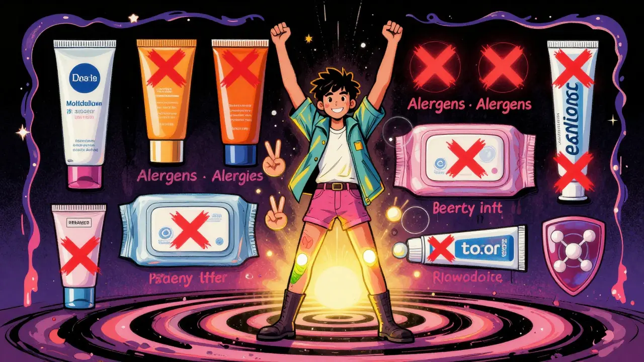 A person stands beside everyday products marked with X's, while healthy skin glows in the foreground.