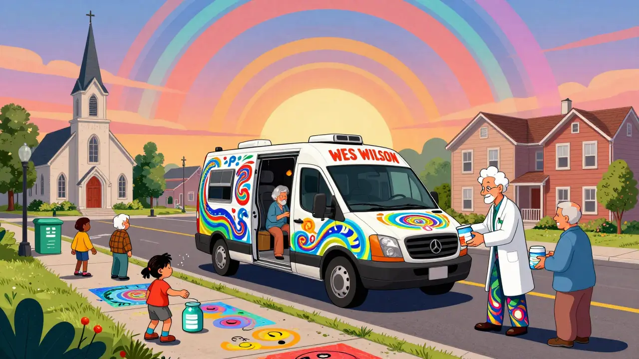 A psychedelic mobile collection van stopping at a community center as seniors hand over medications to a pharmacist.