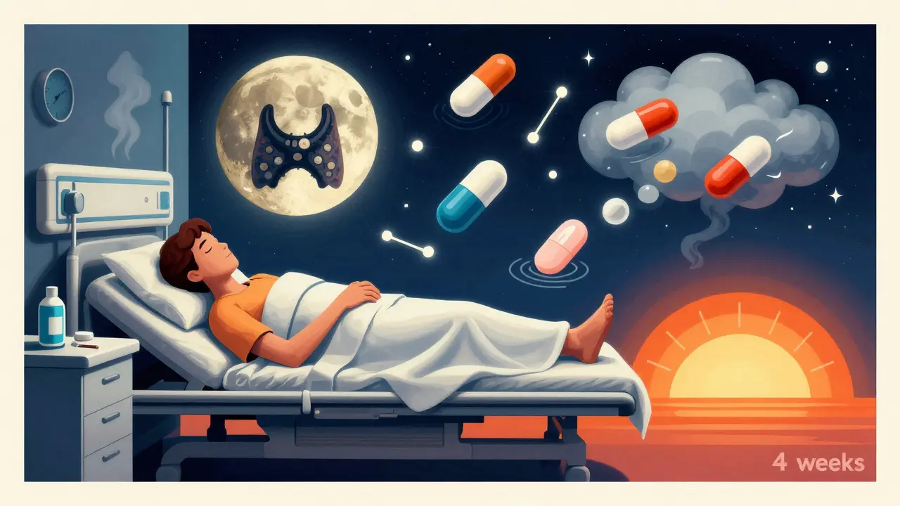 A sleeping patient under a thyroid moon, with calming medication constellations stabilizing heartbeats and sweat clouds.