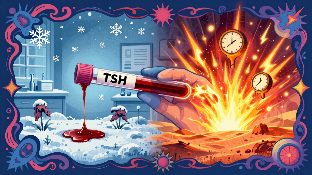 A surreal blood test vial dripping syrup into snow vs. sparks into fire, framed by psychedelic patterns representing thyroid imbalance.